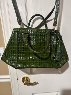 Brahmin Arden- Croc-Embossed Olive Green Satchel with Detachable Strap